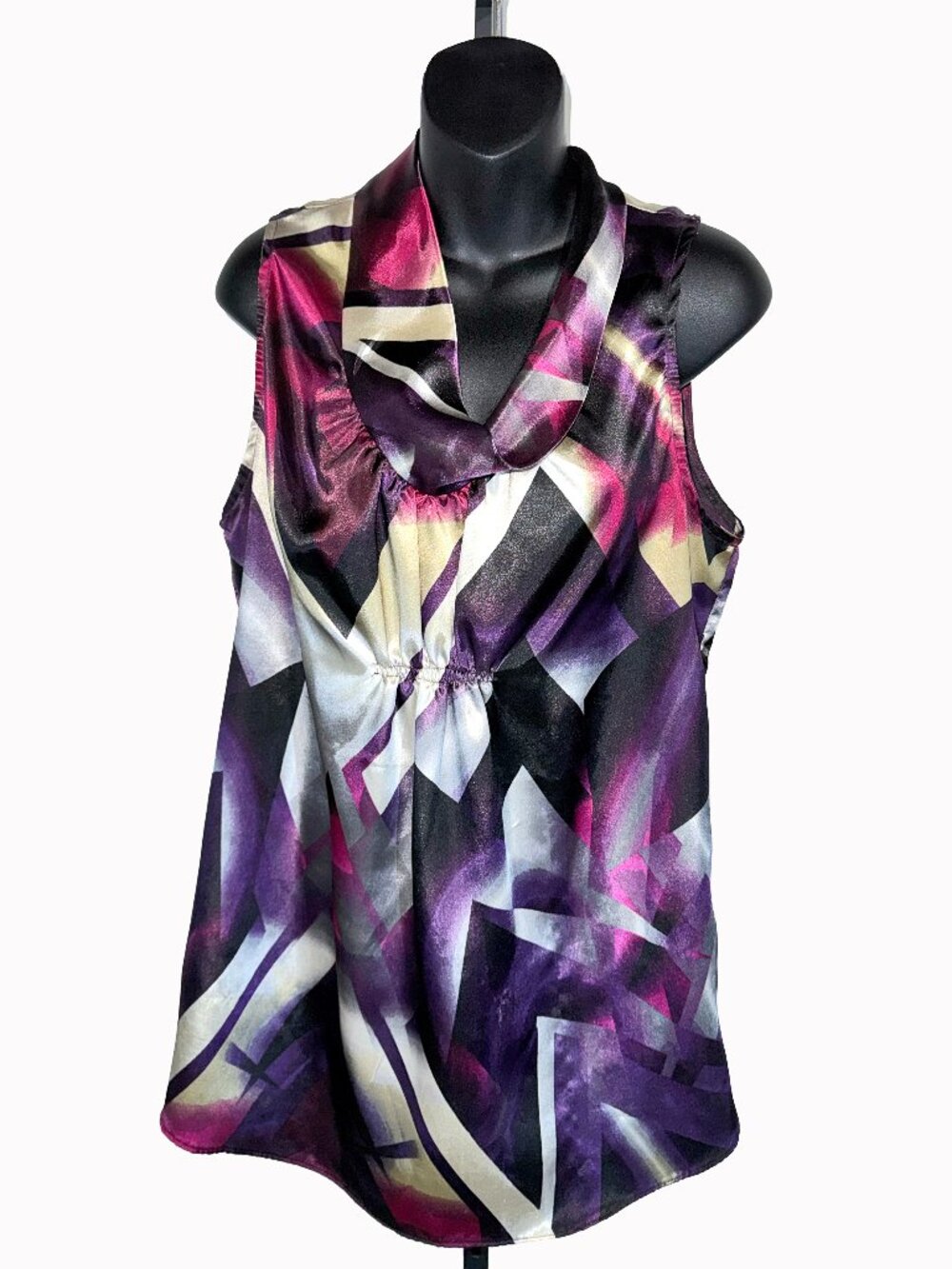 Sere Nade New York Cowl Neck Purple Geometric Tank Blouse Size XL